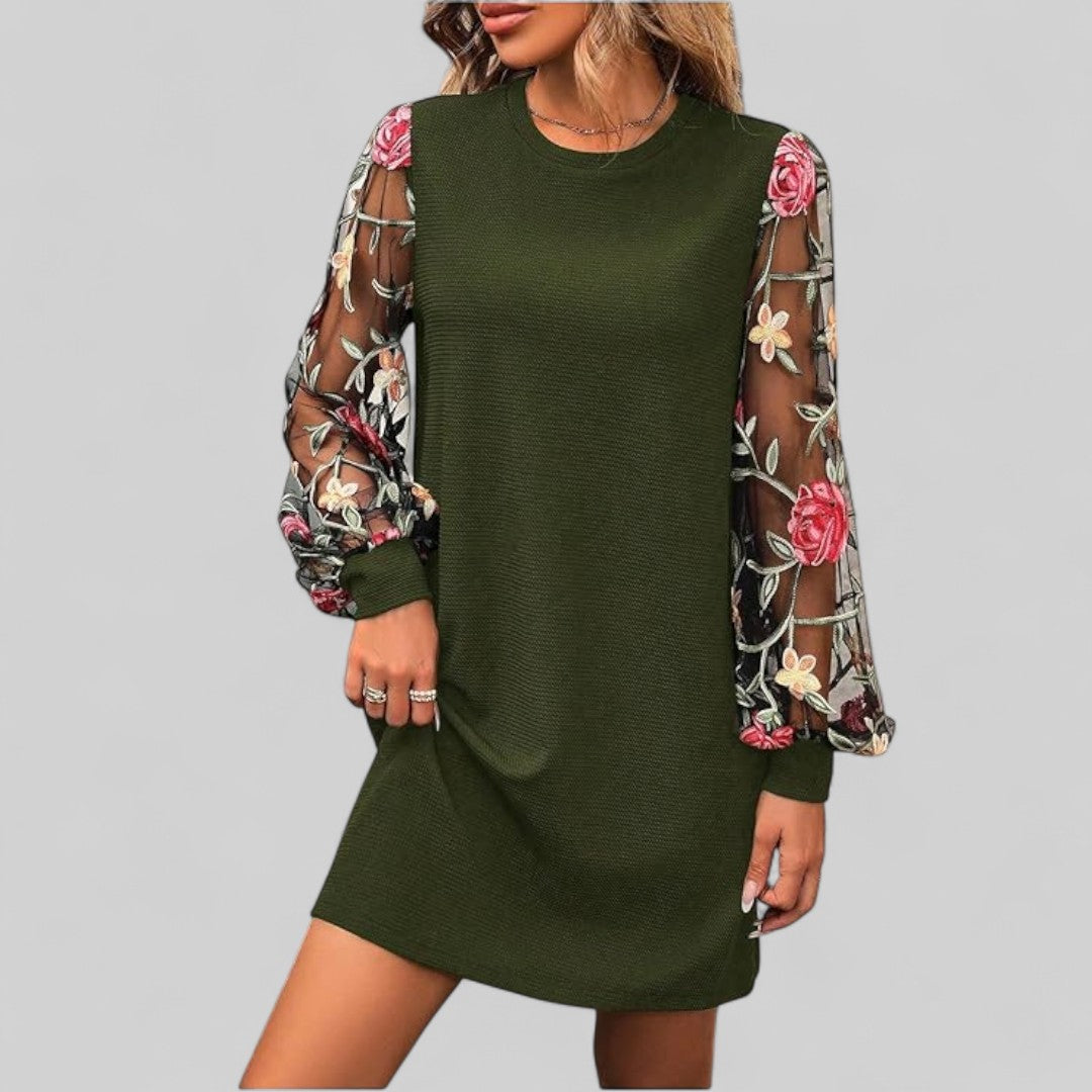 Diana Verde™ | Elegantní mini šaty s kulatým výstřihem a průhlednými rukávy