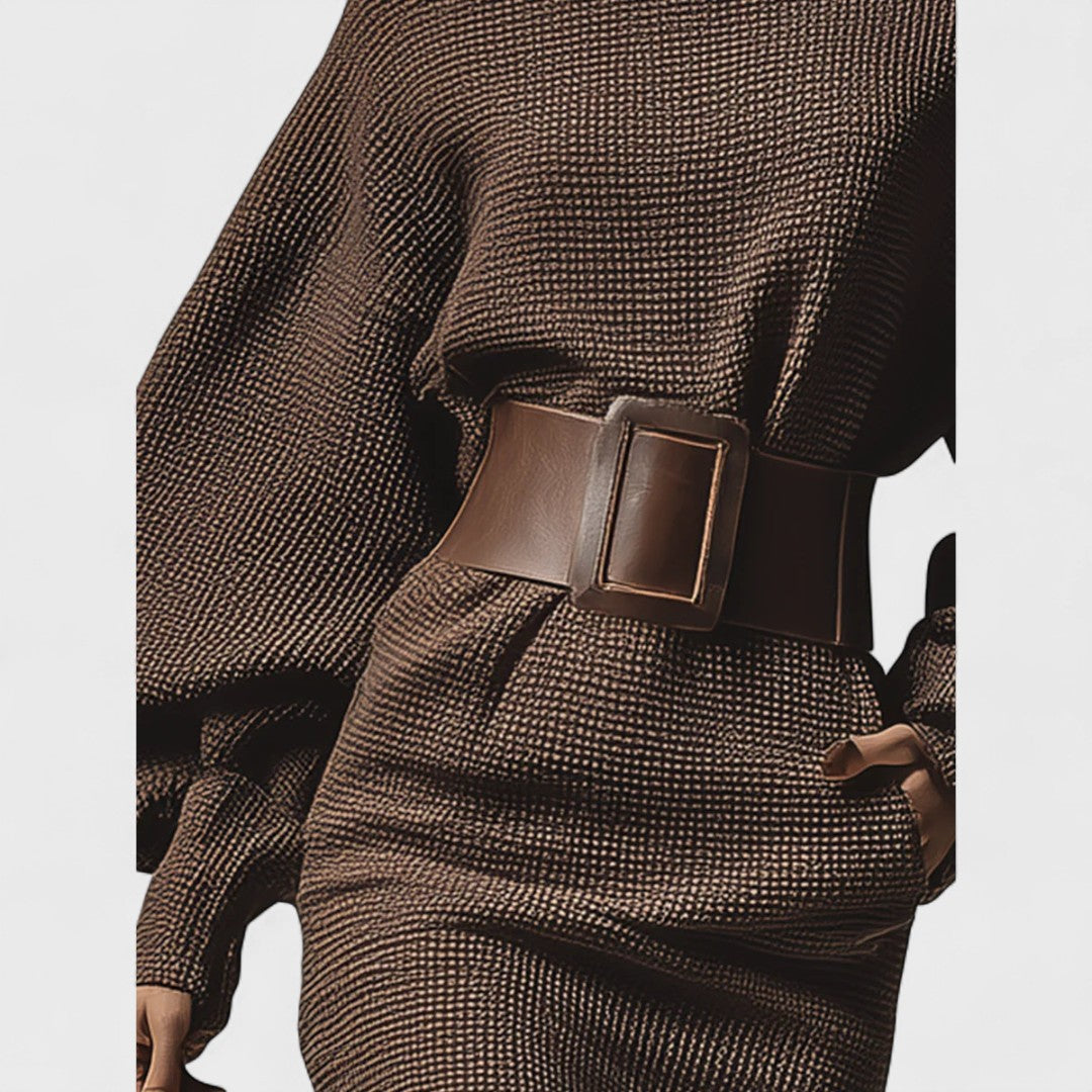 Małgorzata - Krátké pletené šaty se strukturovaným páskem